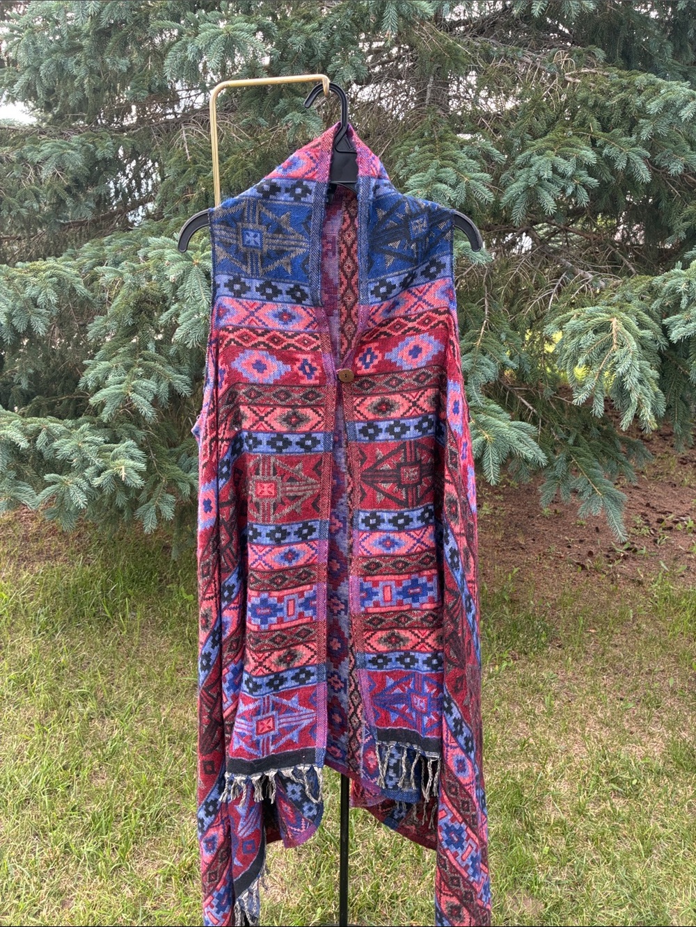 Boho Aztec Knit Fringe Vest - Sacred Threads OS Festival Fringe Asymmetrical